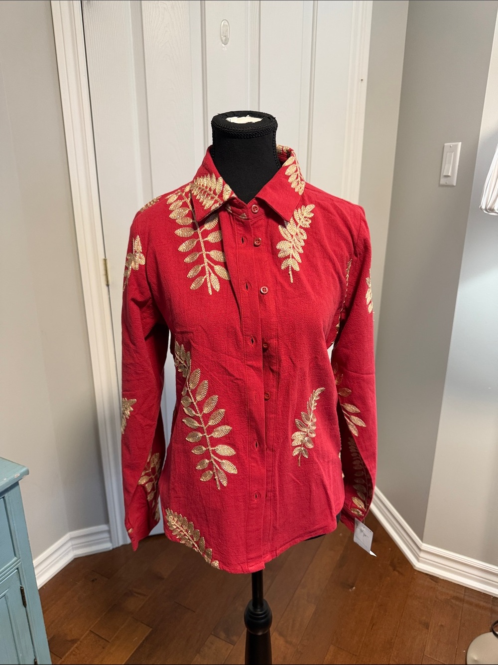Embroidered Red Button-Down Shirt with Gold Leaf Motif